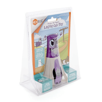 Purple and white laser cat toy with owl-like face, in clear blister package