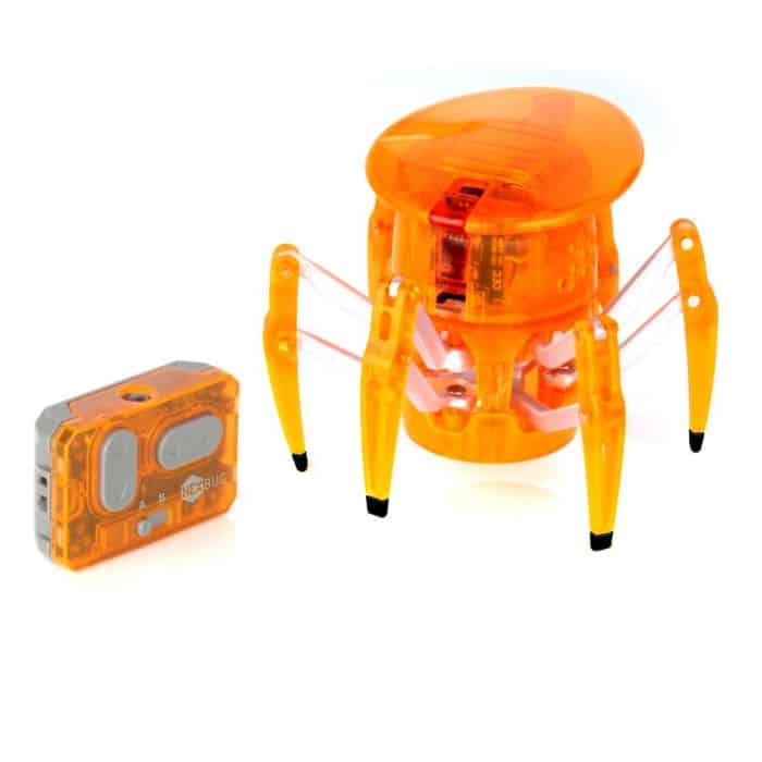 HEXBUG Spider toy in orange, clear legs and antenna, with transmitter box