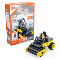 Robotics steam roller construction kit box and assembled toy vehicle, yellow and black