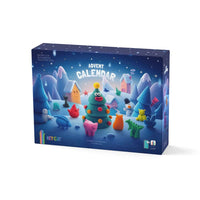 Advent calendar gift box with evergreen tree and cartoon characters