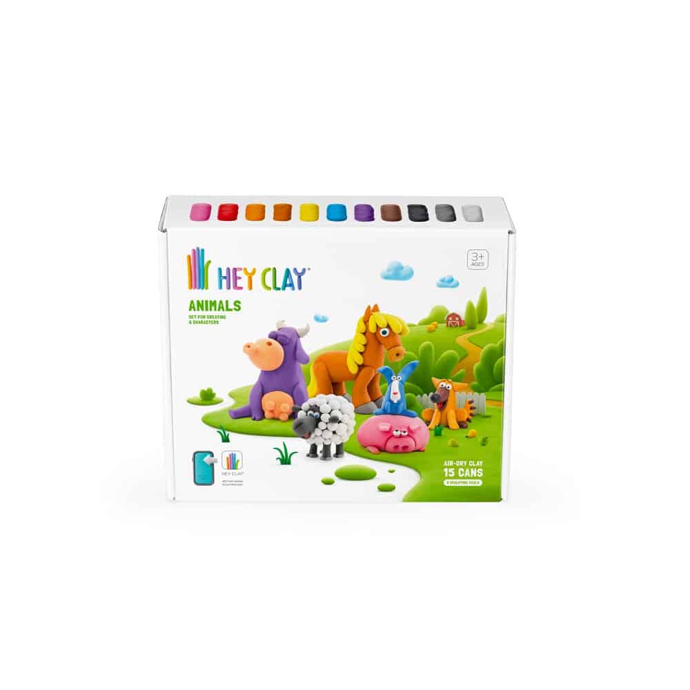 Clay animal craft set box with colorful paint pots and animal figures
