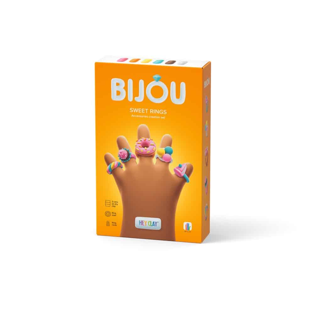 Hey Clay Bijou sweet rings set box with colorful ring design on hand