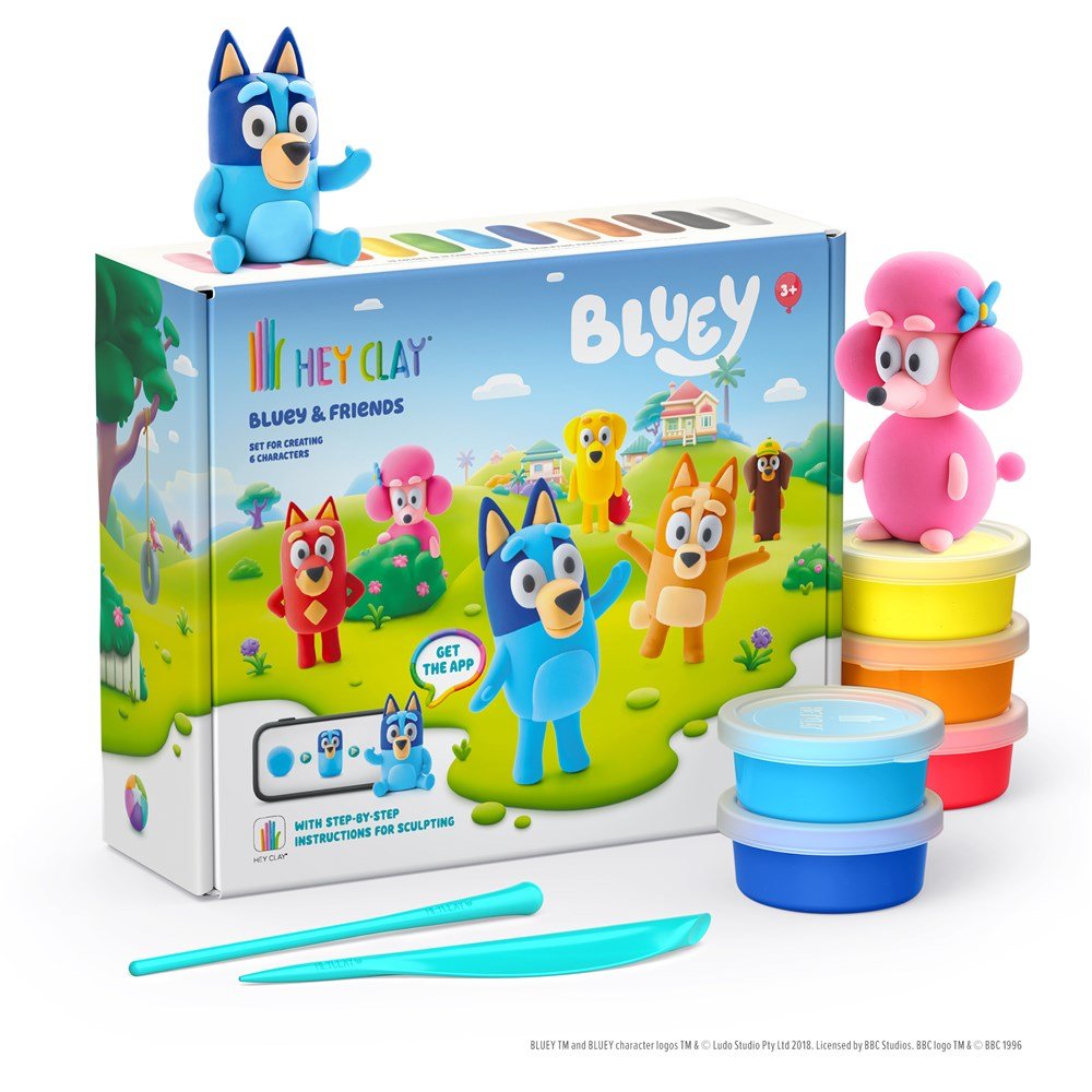 Hey Clay Bluey & Friends gift set box with stacked clay cans and sculpting tools