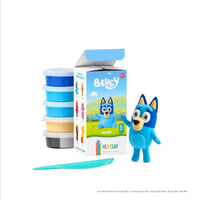 Bluey clay set with stacked colored clay cans, sculpting tool, and character figure