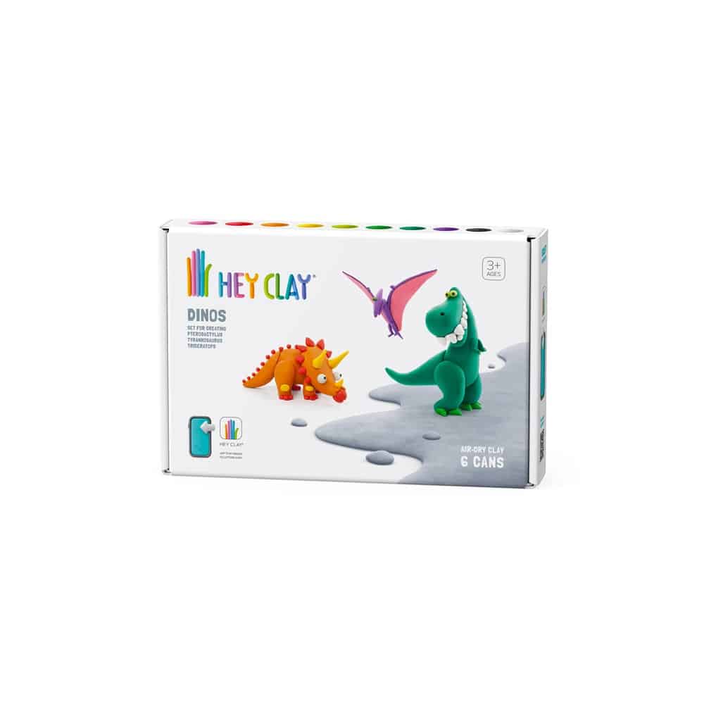 Dino air-dry clay set box with 6 paint cans, featuring dinosaur figures