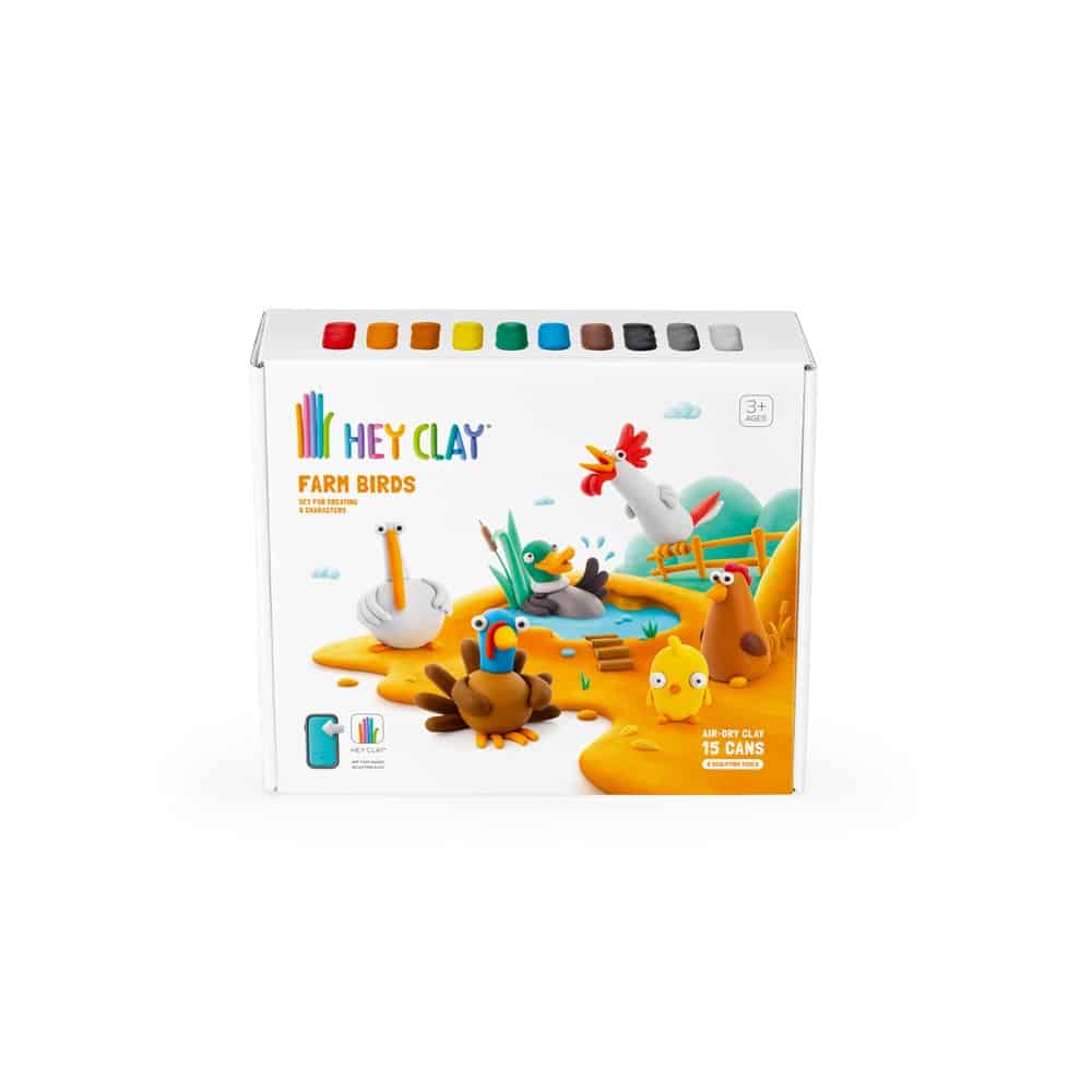 Clay art kit with Farm Birds theme, boxed set with assorted color clay cans