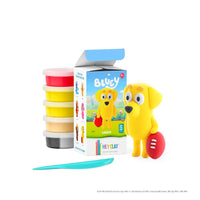 Lucky clay character with red bone, five clay cans and teal sculpting tool