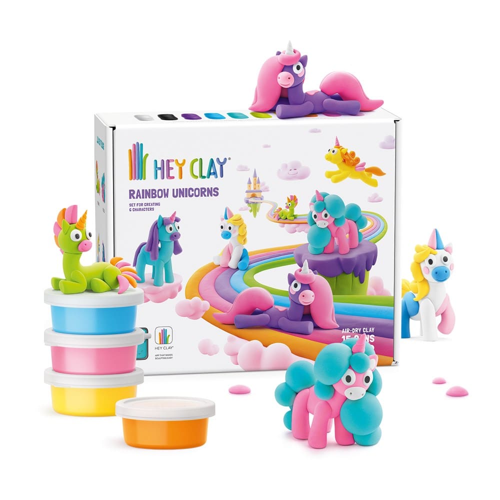 Rainbow unicorn clay set with pastel clay tubs and multiple unicorn figures by the box.