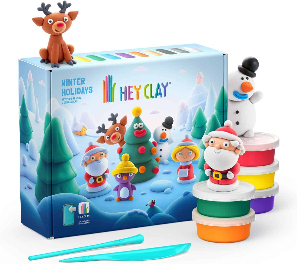 Hey Clay Winter Holidays kit with holiday clay figures and stacked color cans