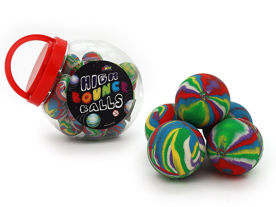 Rainbow swirl bounce ball in clear container with red carry handle