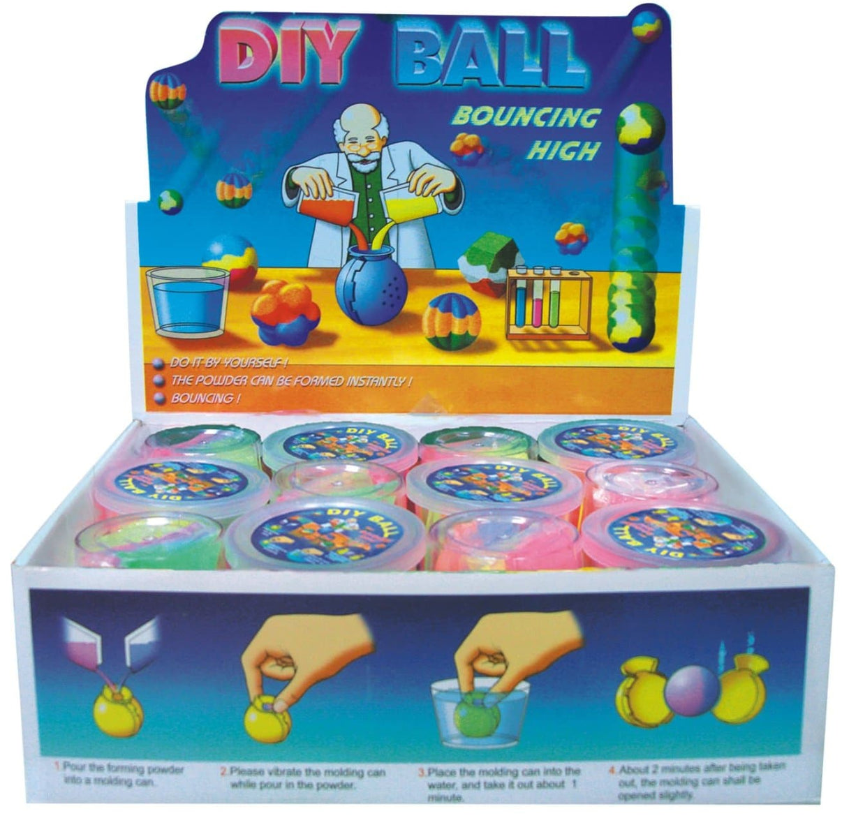 DIY bouncing ball kit box with circular molds and colorful materials tray