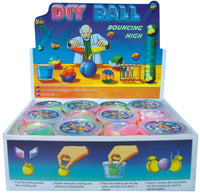 DIY bouncing ball kit box with circular molds and colorful materials tray