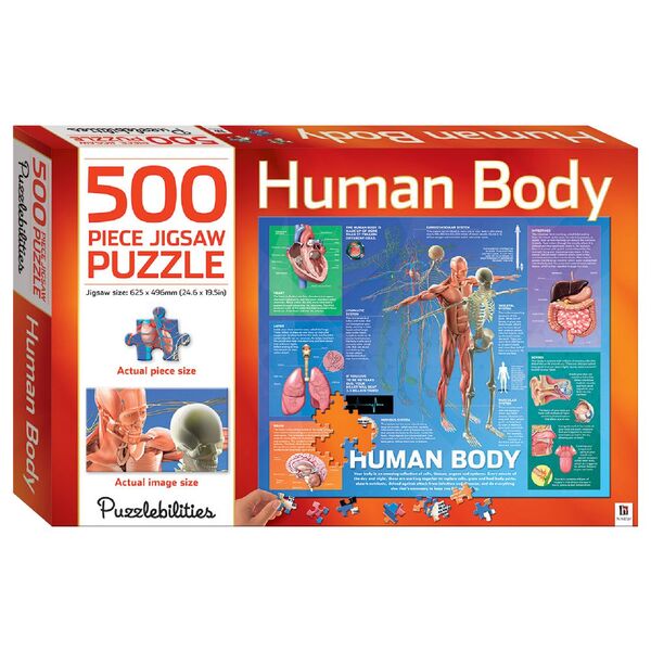 500-piece human body jigsaw puzzle box with figure diagram and body parts artwork