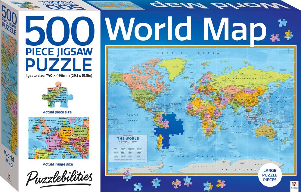World map jigsaw puzzle box, 500-piece puzzle with colorful world map graphic