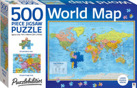 World map jigsaw puzzle box, 500-piece puzzle with colorful world map graphic