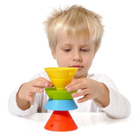 Colorful plastic stacking toy with yellow, green, blue, and red cone cups