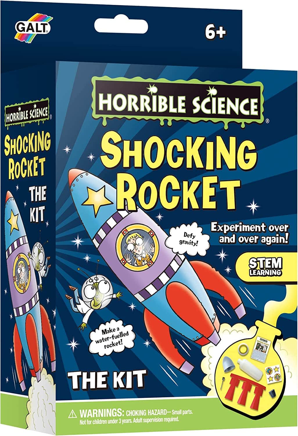Science experiment rocket kit packaging with rocket illustration and warning label