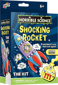 Science experiment rocket kit packaging with rocket illustration and warning label