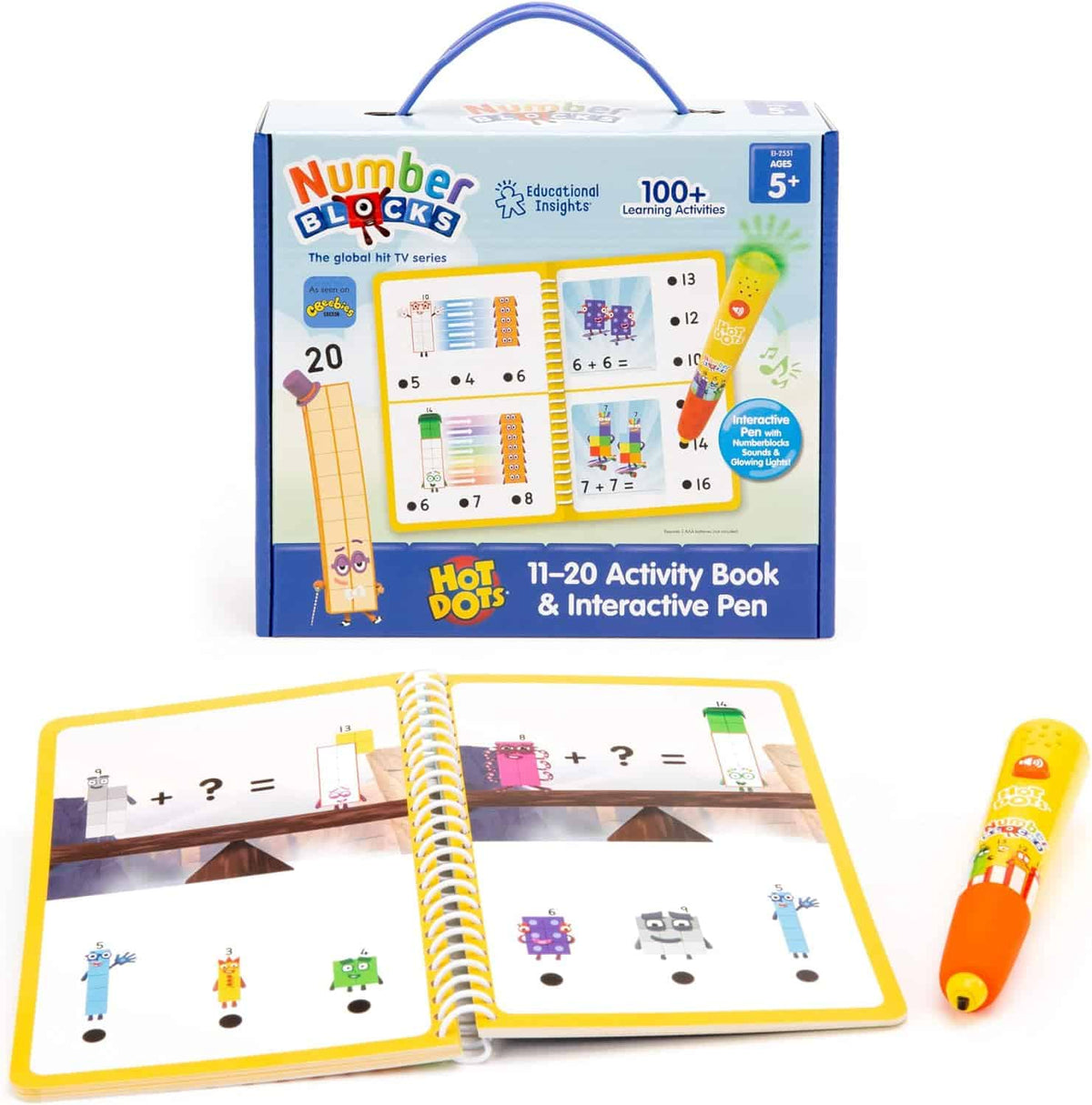 Hot Dots activity book and interactive pen set, with open spiral pages and yellow pen