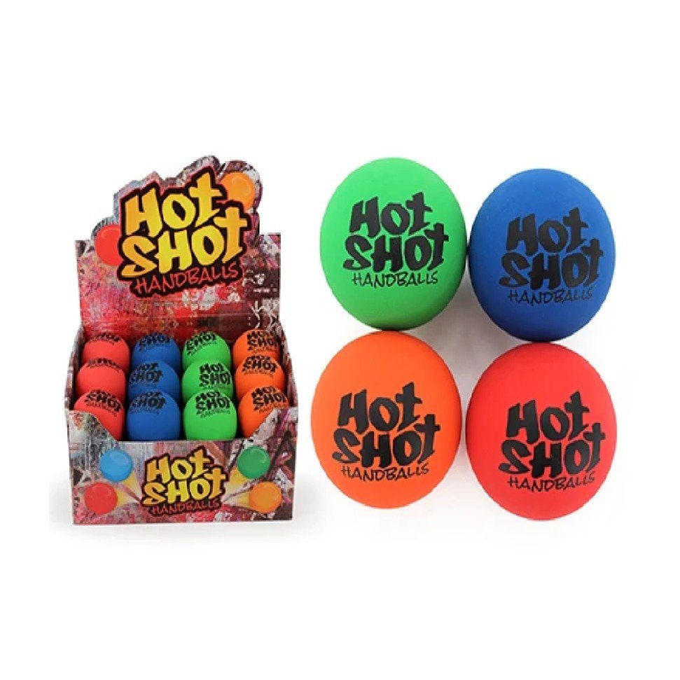 Assorted Hot Shot handballs in box; green, blue, orange, and red balls