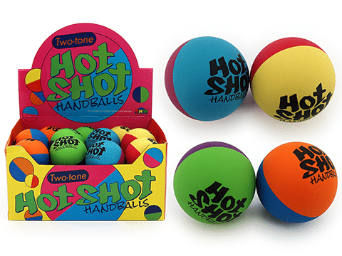 Hot Shot two-tone handball balls, assorted colors, 6 cm, shown in a group