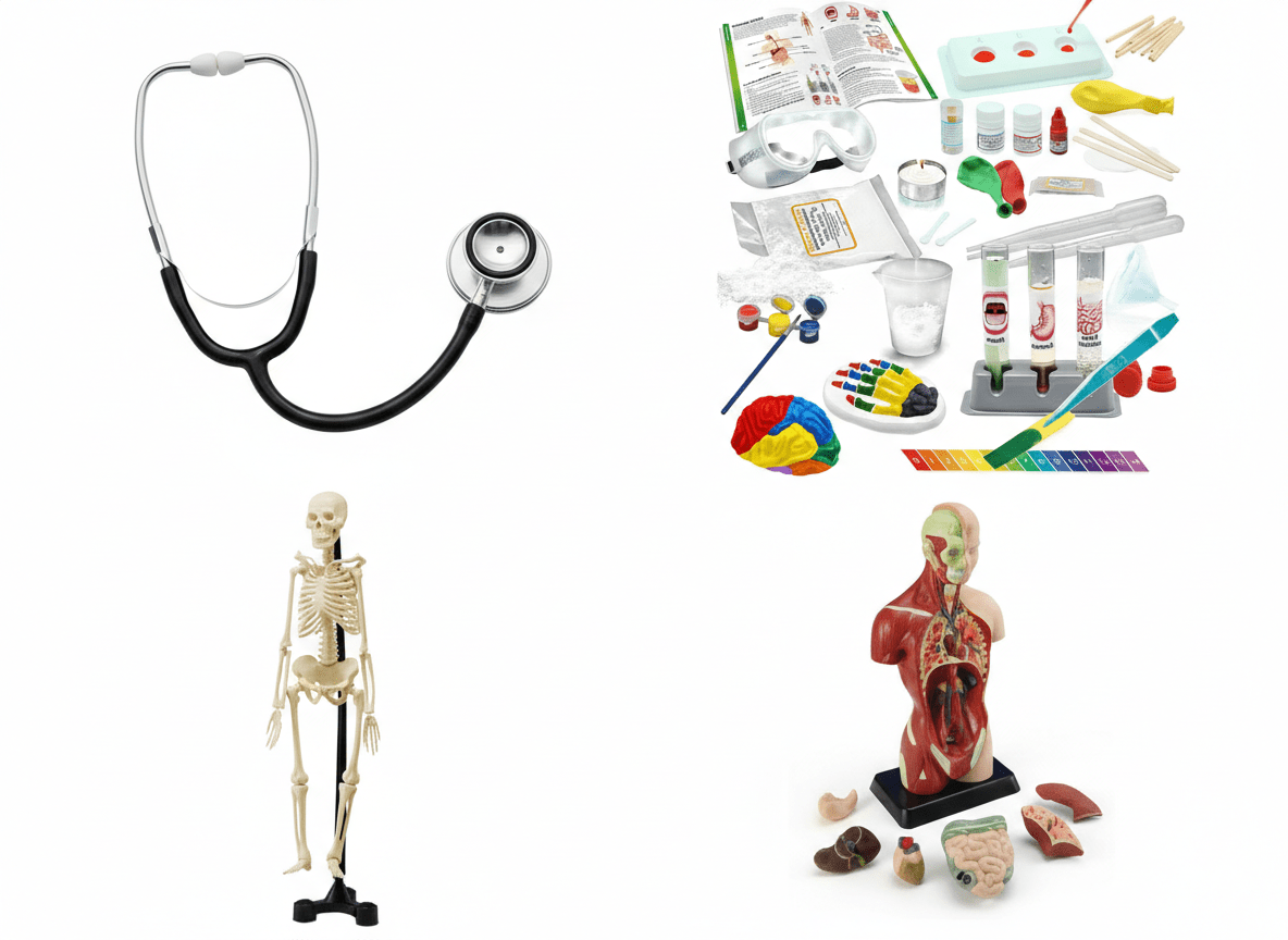 Anatomy education kit with stethoscope, skeleton model, and torso organ pieces