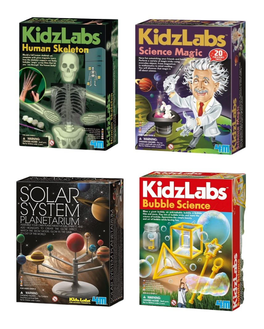 KidZLabs science kit box set for Human Skeleton, Solar System planetarium, bubble science