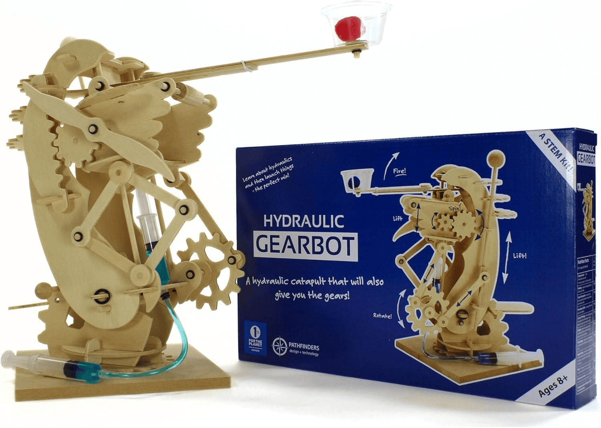 Hydraulic gearbot wooden model with blue box packaging and assembled parts