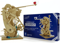 Hydraulic gearbot wooden model with blue box packaging and assembled parts