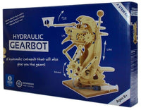 Box of a hydraulic gearbot model kit with blue background and wooden model.
