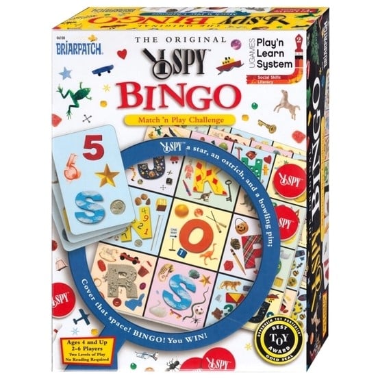 I Spy Bingo game box with card graphics and play circle
