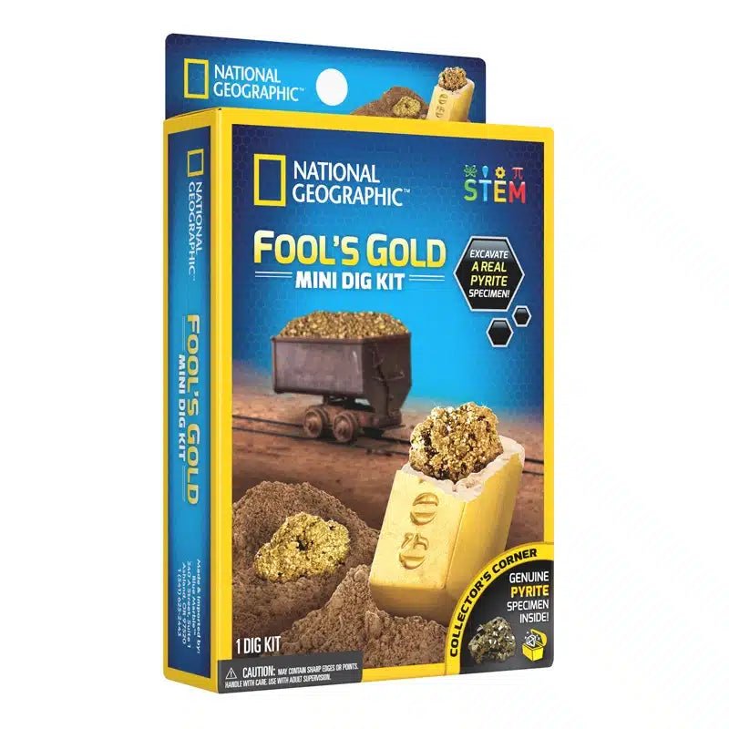 National Geographic STEM fool's gold mini dig kit box with mine cart and gold rock art
