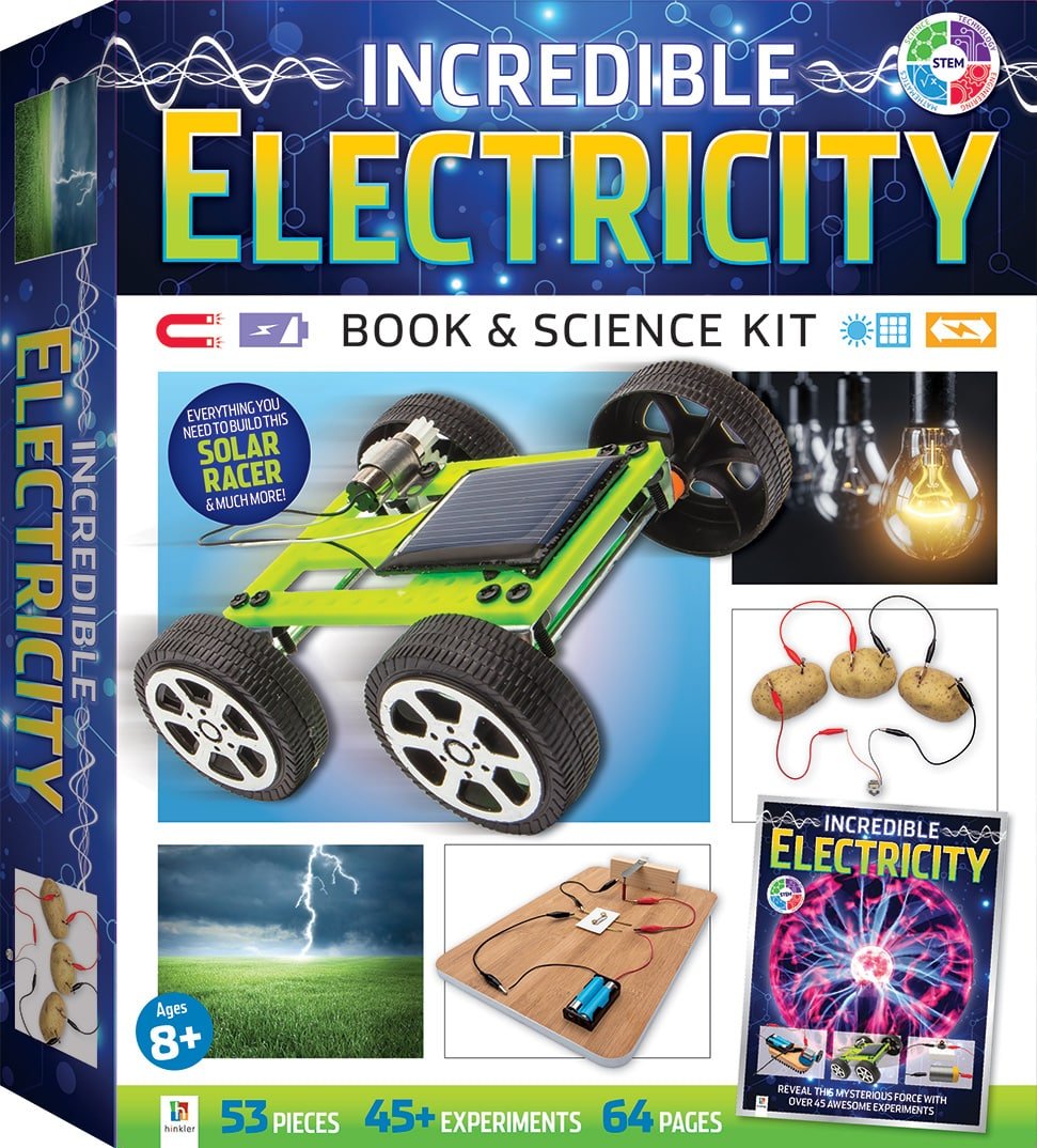 Incredible Electricity book & science kit box, 53 pieces, 45+ experiments, 64 pages