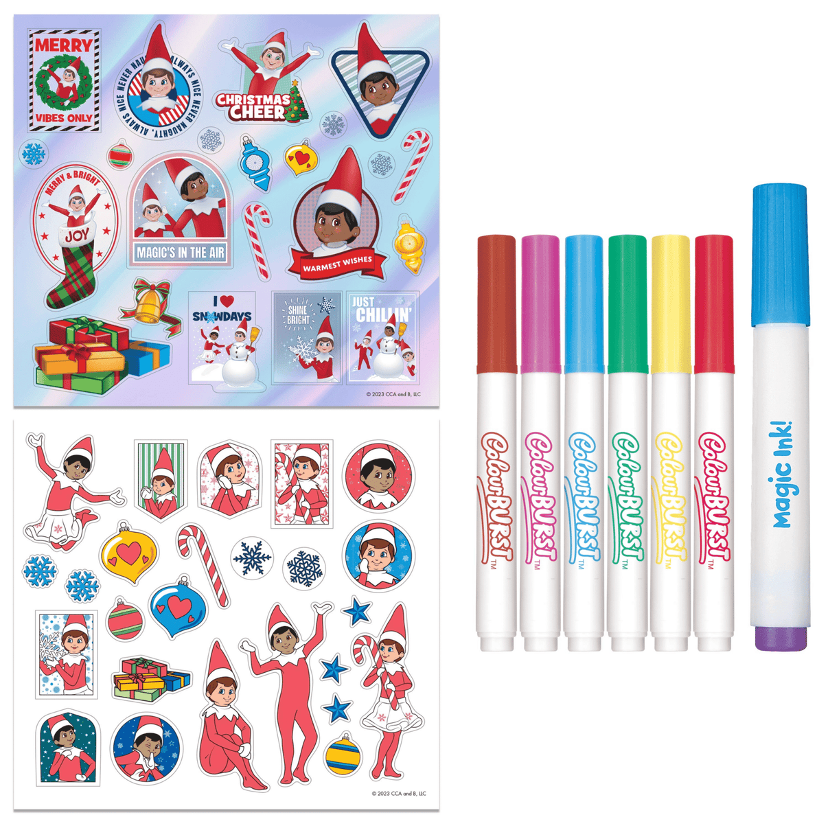 Activity kit with sticker sheet and eight colorful ink pens with white tips