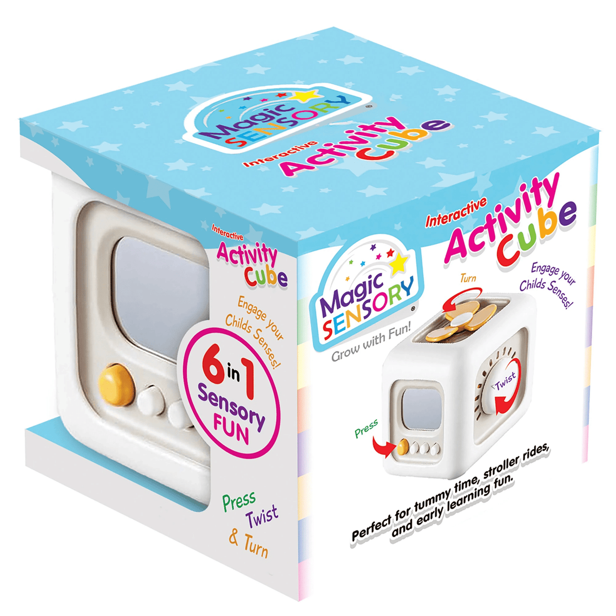 Boxed 6-in-1 sensory activity cube with blue star-pattern package
