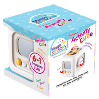 Boxed 6-in-1 sensory activity cube with blue star-pattern package