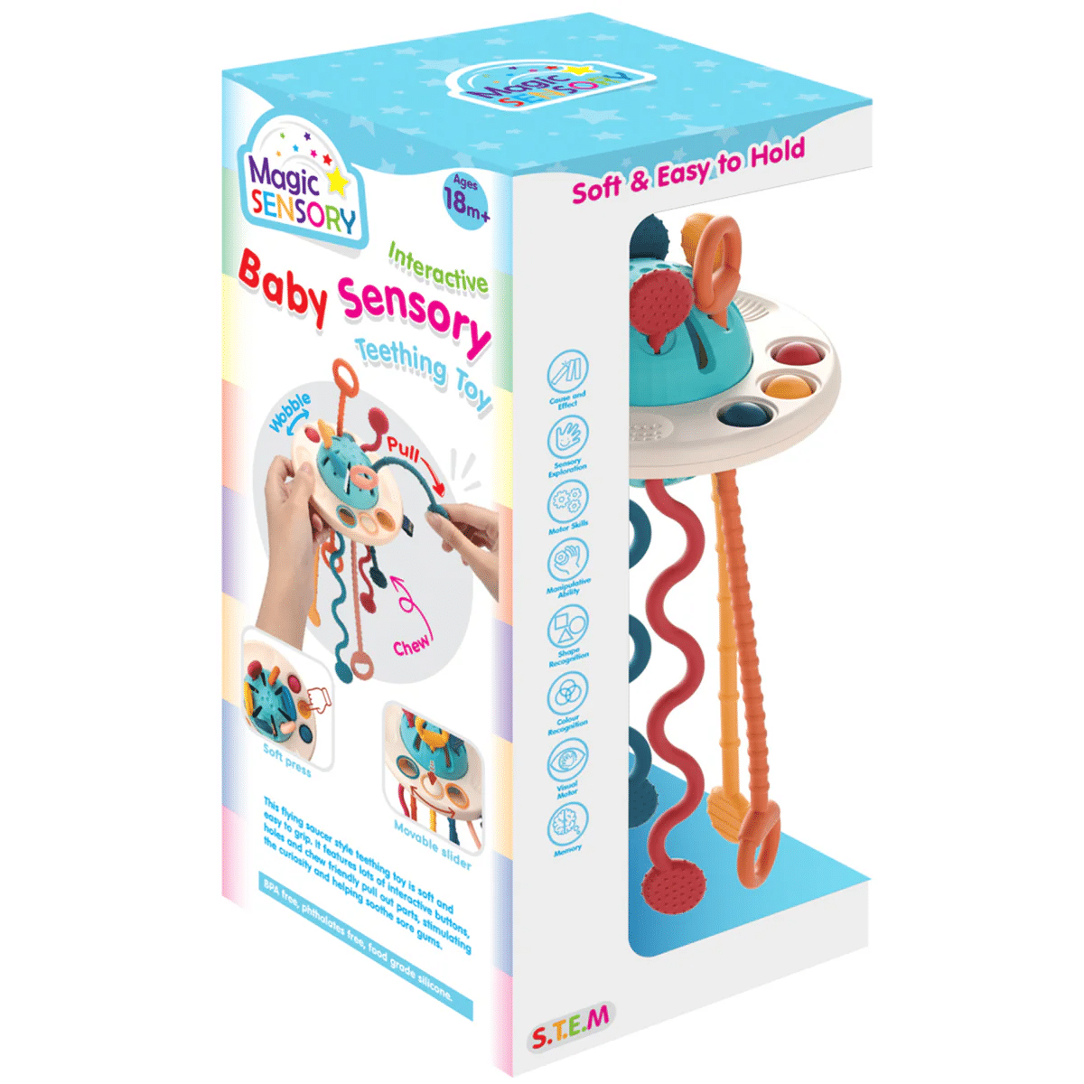 Interactive baby teething toy box with blue sensory artwork and pull-out cord handles