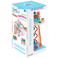 Interactive baby teething toy box with blue sensory artwork and pull-out cord handles