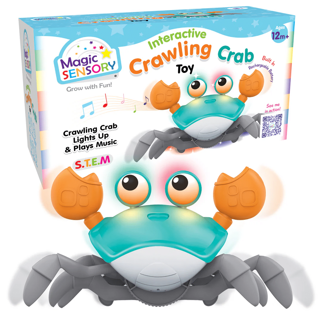 Blue crawling crab toy with teal shell, orange claws, and glowing eyes