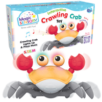 Interactive crawling crab toy with orange belly, gray legs, and red claws, music lights up