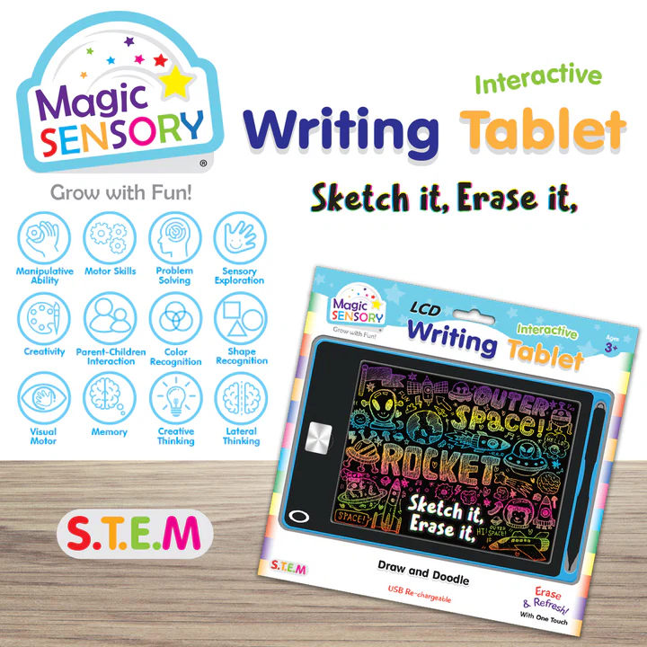 Interactive LCD writing tablet package with learning icons and STEM branding