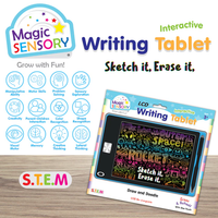 Interactive LCD writing tablet package with learning icons and STEM branding