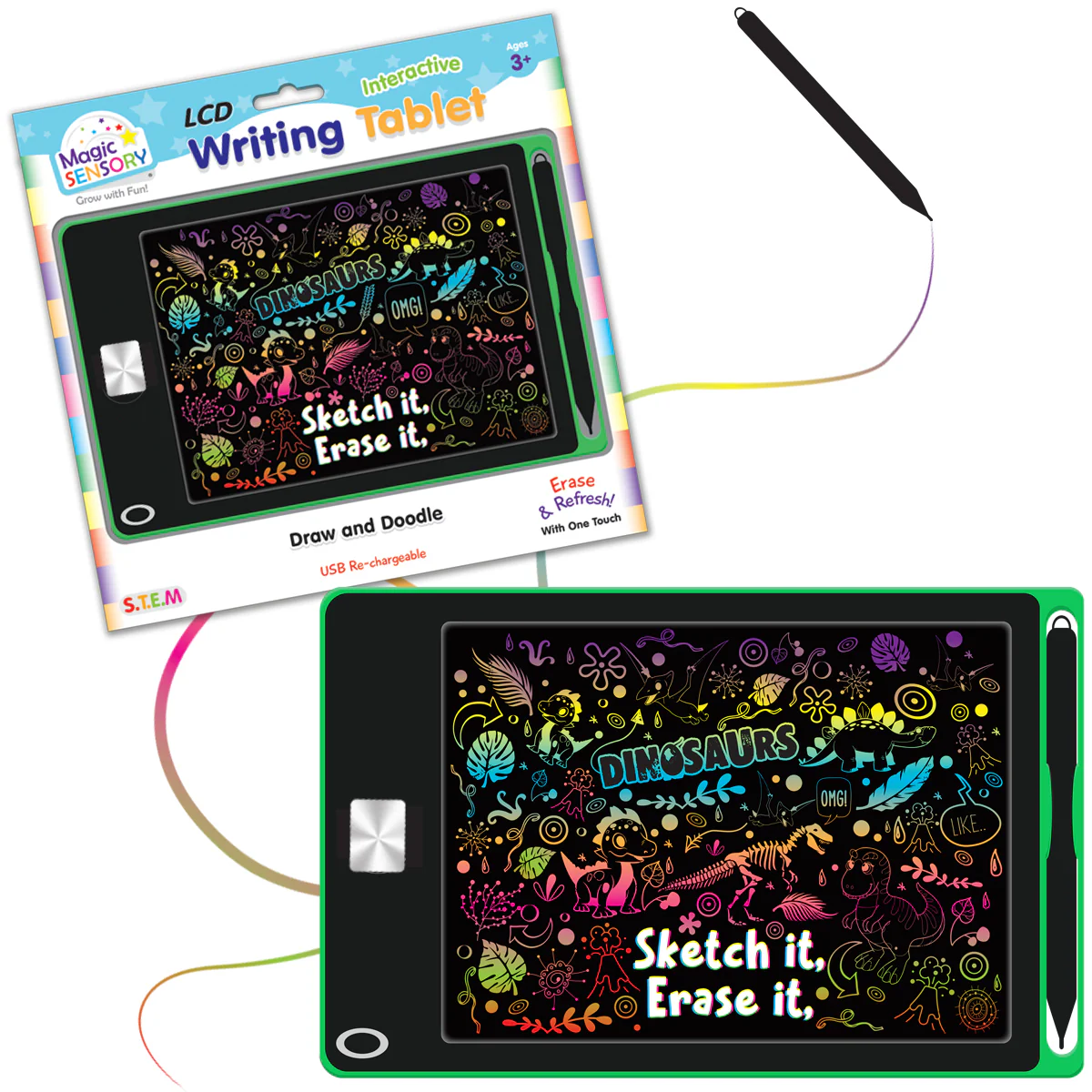 Green interactive LCD writing tablet with black dinosaur doodle screen and stylus pen