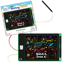 Green interactive LCD writing tablet with black dinosaur doodle screen and stylus pen