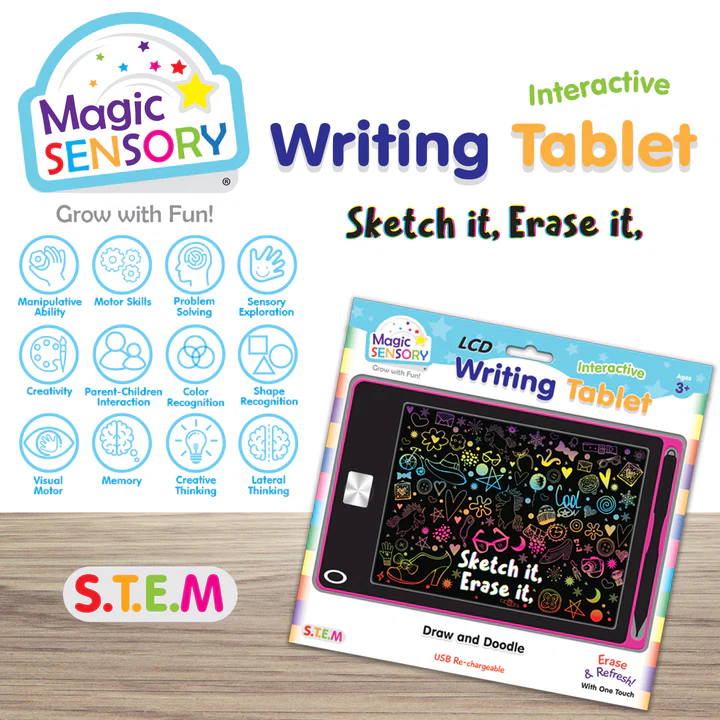LCD writing tablet package with colorful doodle screen and stylus, USB rechargeable