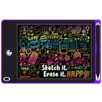 Purple interactive LCD writing tablet with colorful doodle icons on black screen