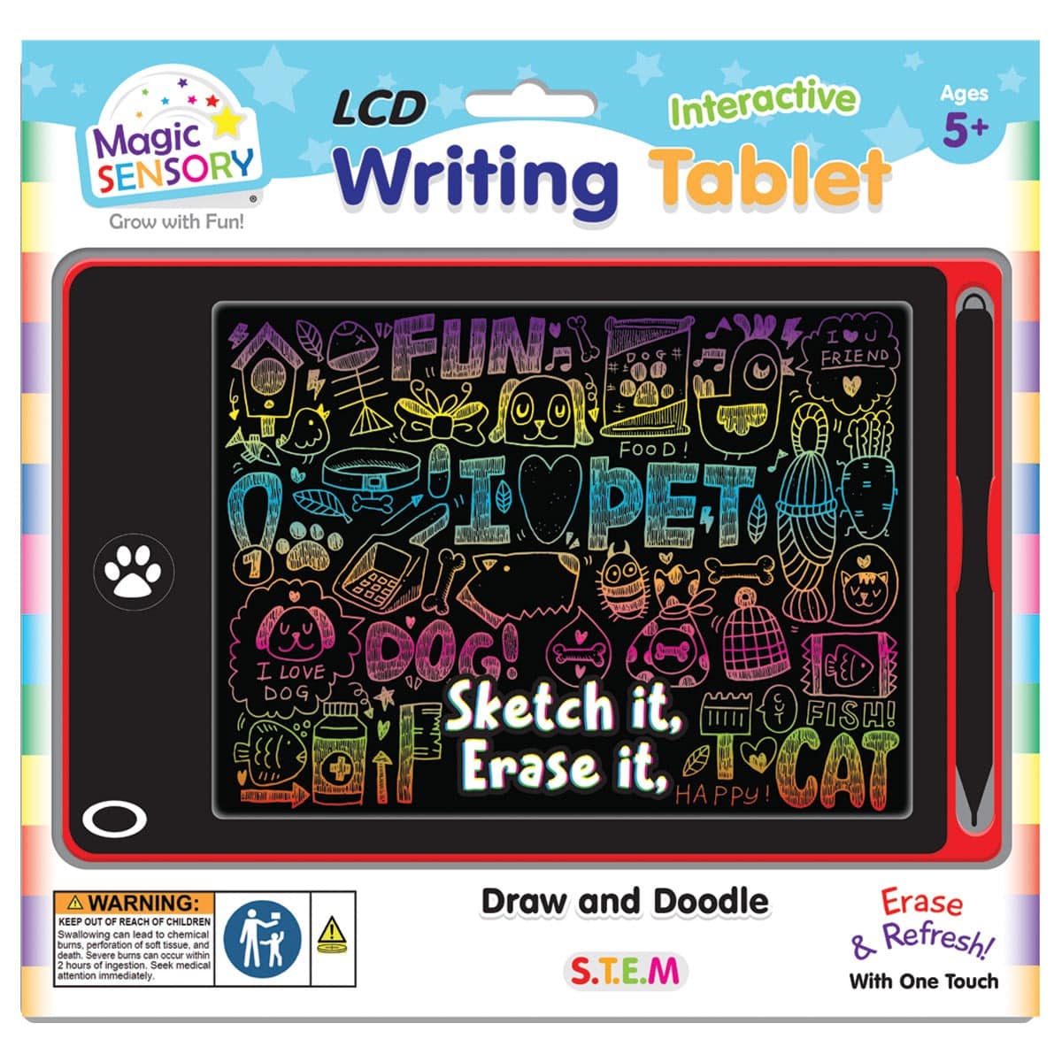 Magic Sensory interactive LCD writing tablet box with black screen and colorful pet doodles