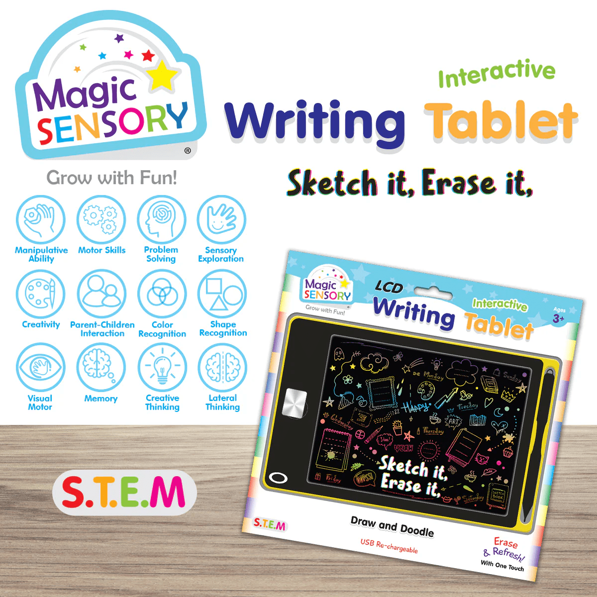 Interactive LCD writing tablet in yellow frame with black doodle screen