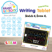 Interactive LCD writing tablet in yellow frame with black doodle screen