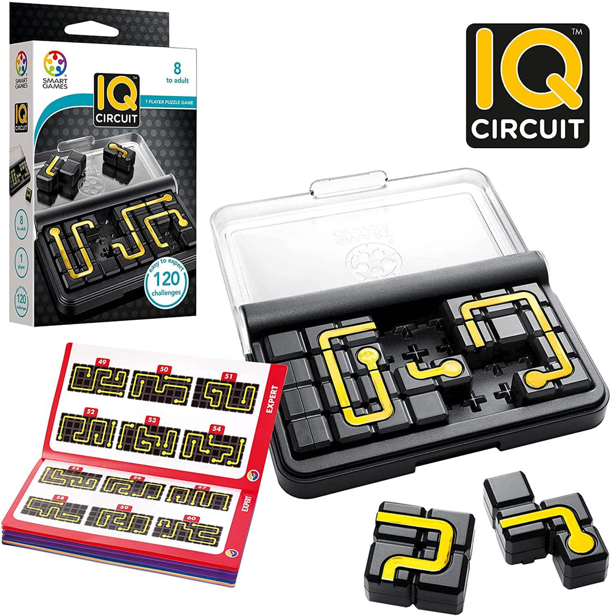 IQ Circuit puzzle game set with black tray, yellow tracks, and building pieces